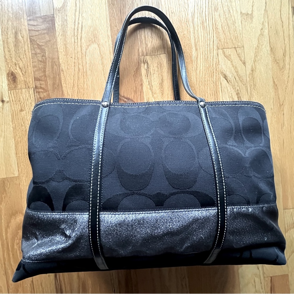 Black Coach Tote With Wrap-around Gunmetal Grey Stripe